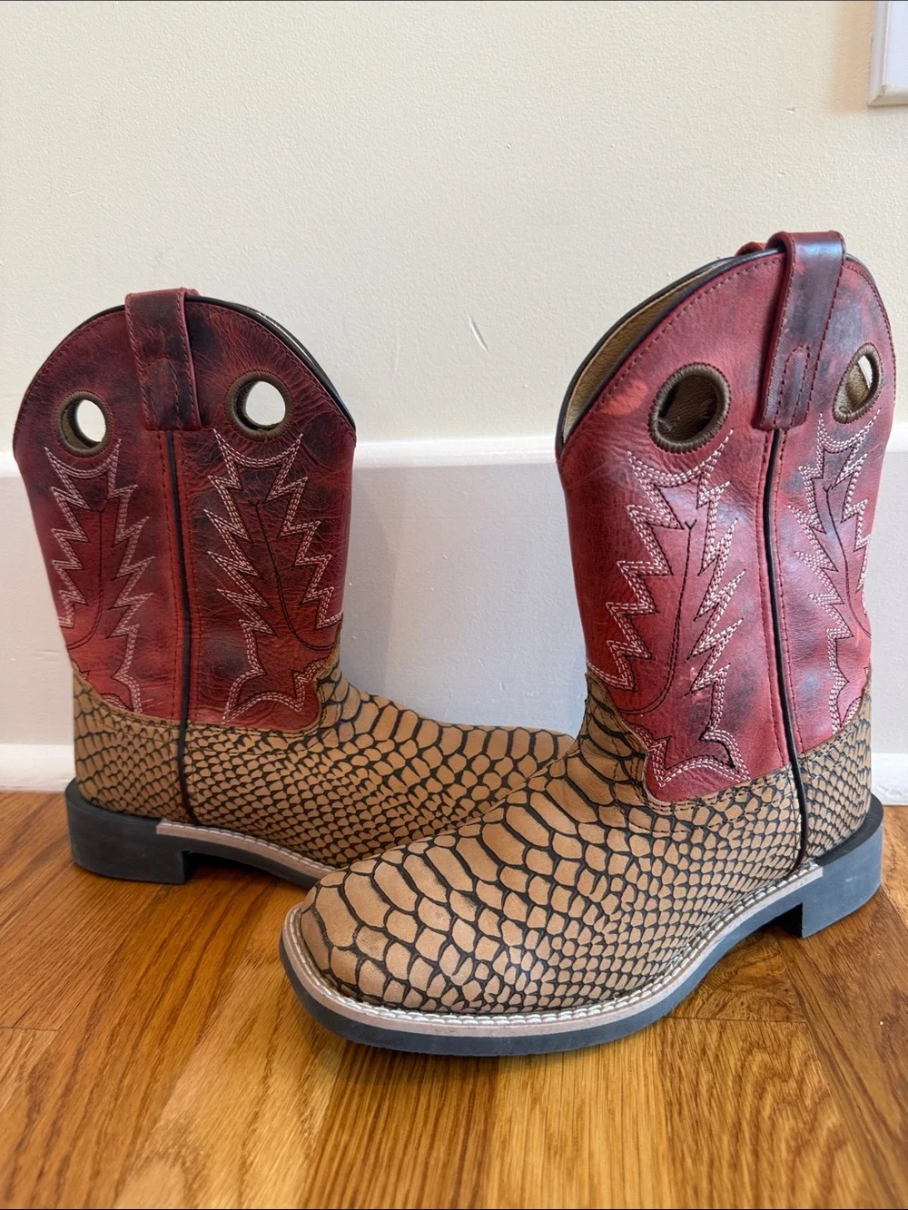 Kids Pull-On Western Boots in Red and Brown with Textured snakeskin like base
